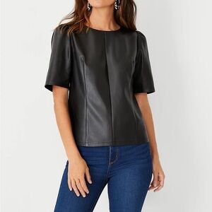 Ann Taylor Petite Faux Leather Puff Sleeve Top size S